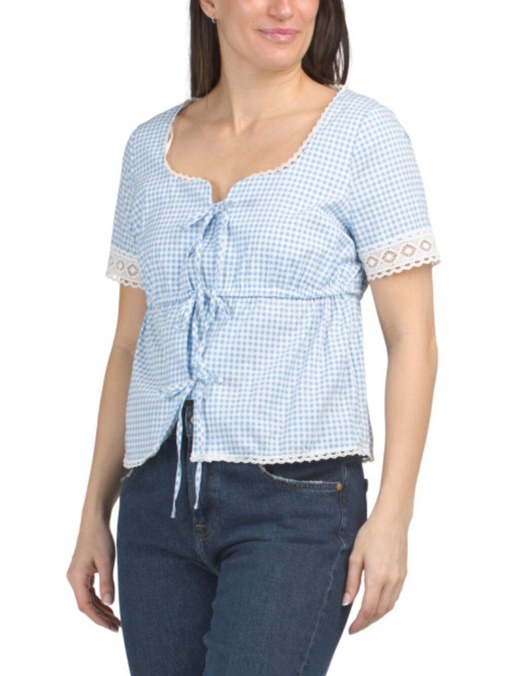 NWT Bagatelle Women XS Blue Gingham Lace Tie Front Peplum Top Cottagecore Twee